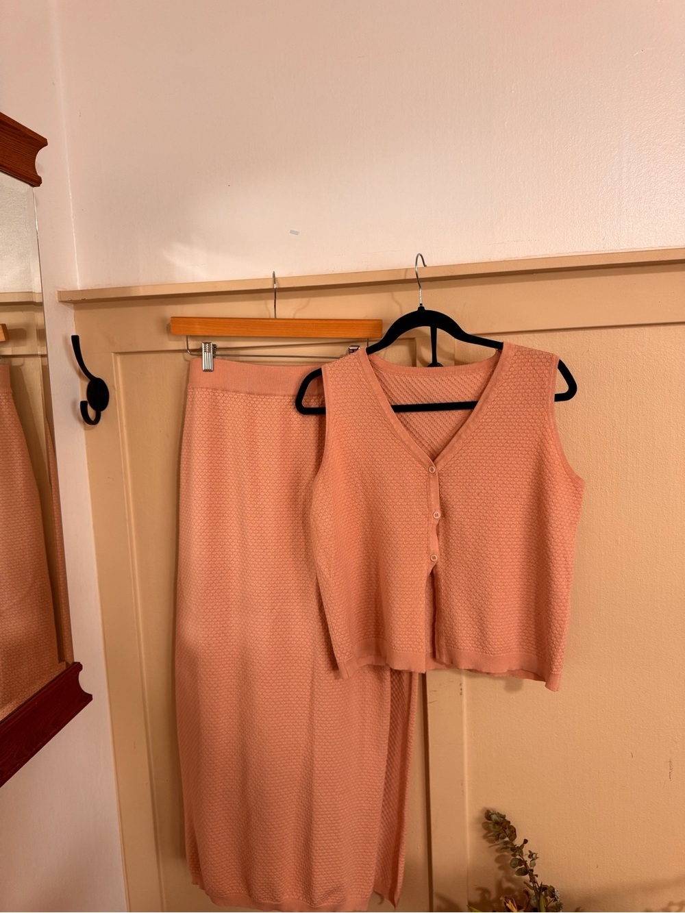 PinkTextured Knit Two-Piece Set - Sleeveless Button Cardigan & Skirt